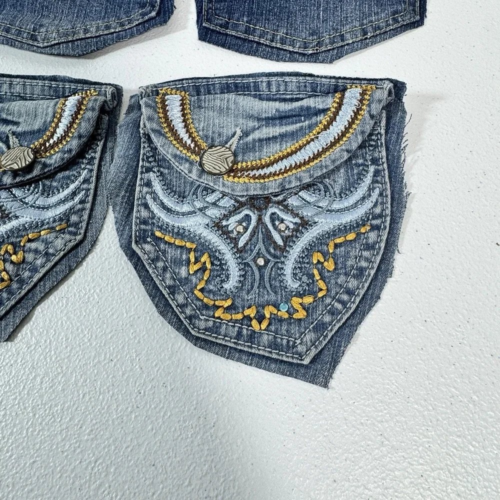 7 Denim Jean Flap Back Pockets Embroidered Quilting Sewing Crafts Upcycle